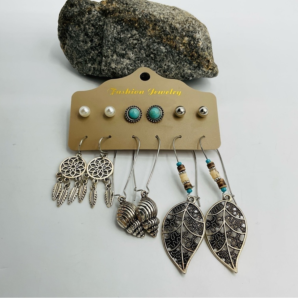 Earrings 6 Pairs Gift Boho Stud Shell Leaf Dangle Jewelry Silver Tone Patina